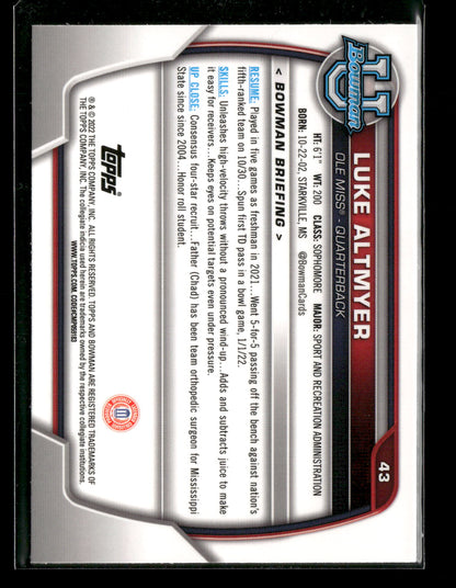 2022 Bowman Chrome University Football Luke Altmyer #43 Pink Refractor 1st Bowman