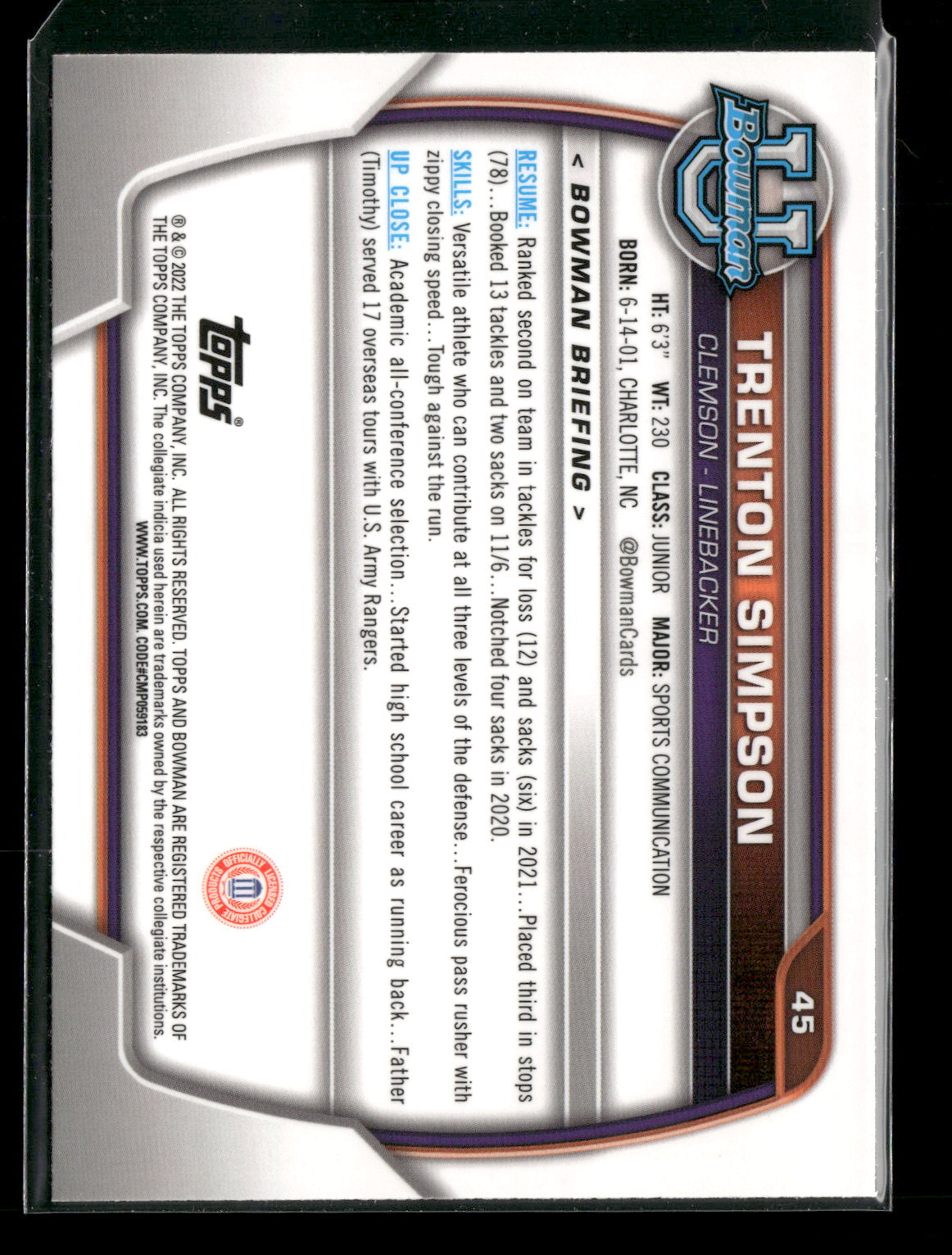2022 Bowman Chrome University Football Trenton Simpson #45 Pink Refractor 1st Bowman