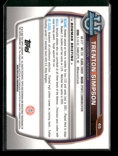 2022 Bowman Chrome University Football Trenton Simpson #45 Pink Refractor 1st Bowman