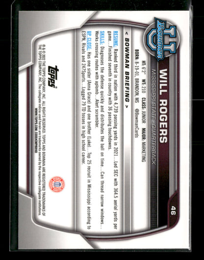 2022 Bowman Chrome University Football Will Rogers #46 Pink Refractor 1st Bowman