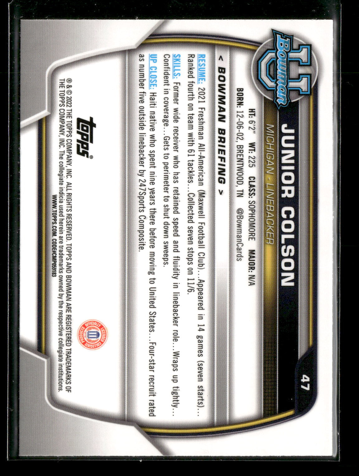 2022 Bowman Chrome University Football Junior Colson #47 Pink Refractor 1st Bowman