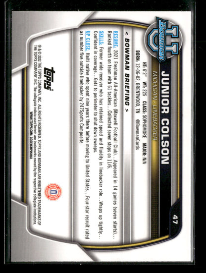 2022 Bowman Chrome University Football Junior Colson #47 Pink Refractor 1st Bowman