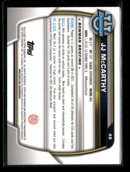 2022 Bowman Chrome University Football JJ McCarthy #48 Pink Refractor