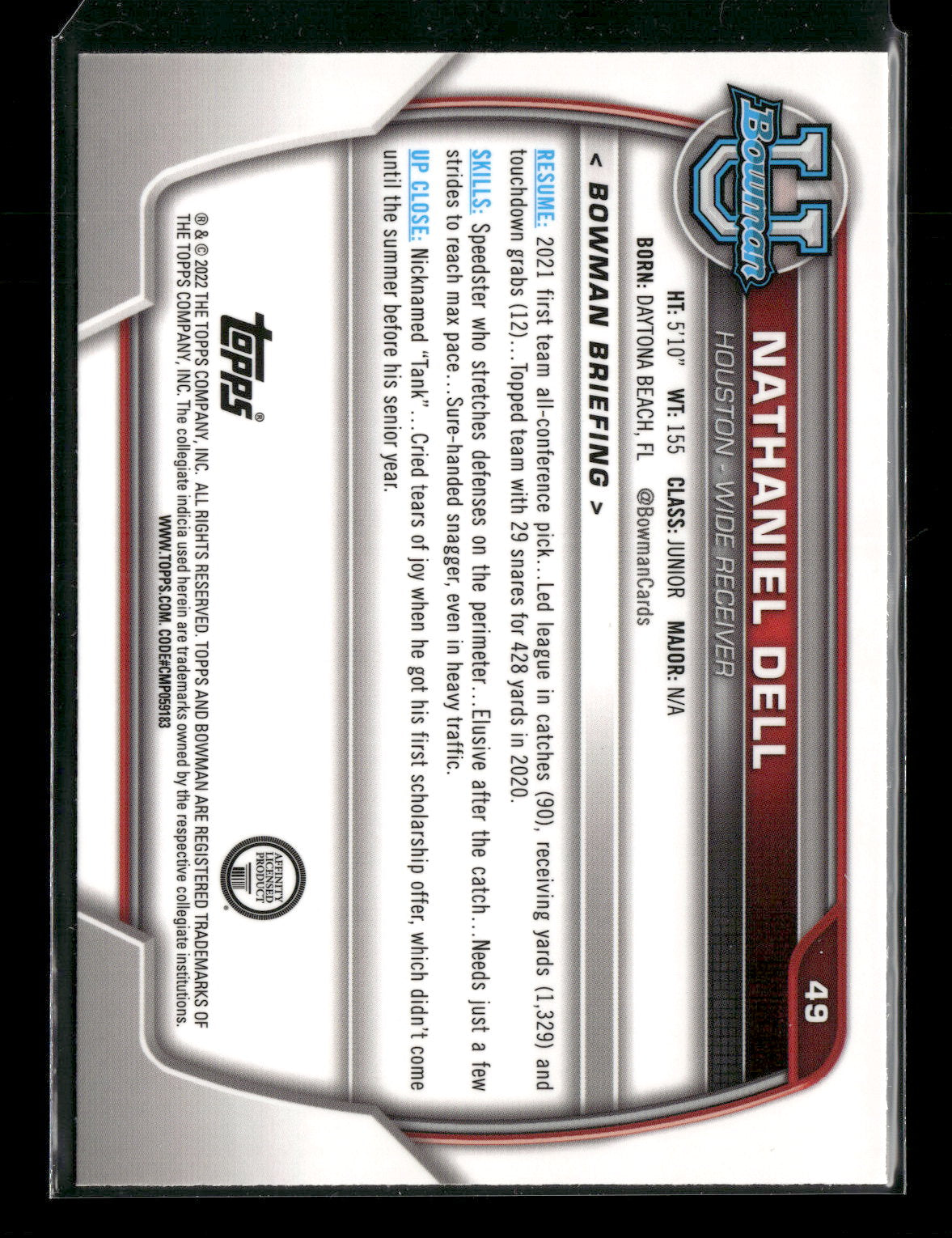 2022 Bowman Chrome University Football Nathaniel Dell #49 Pink Refractor 1st Bowman