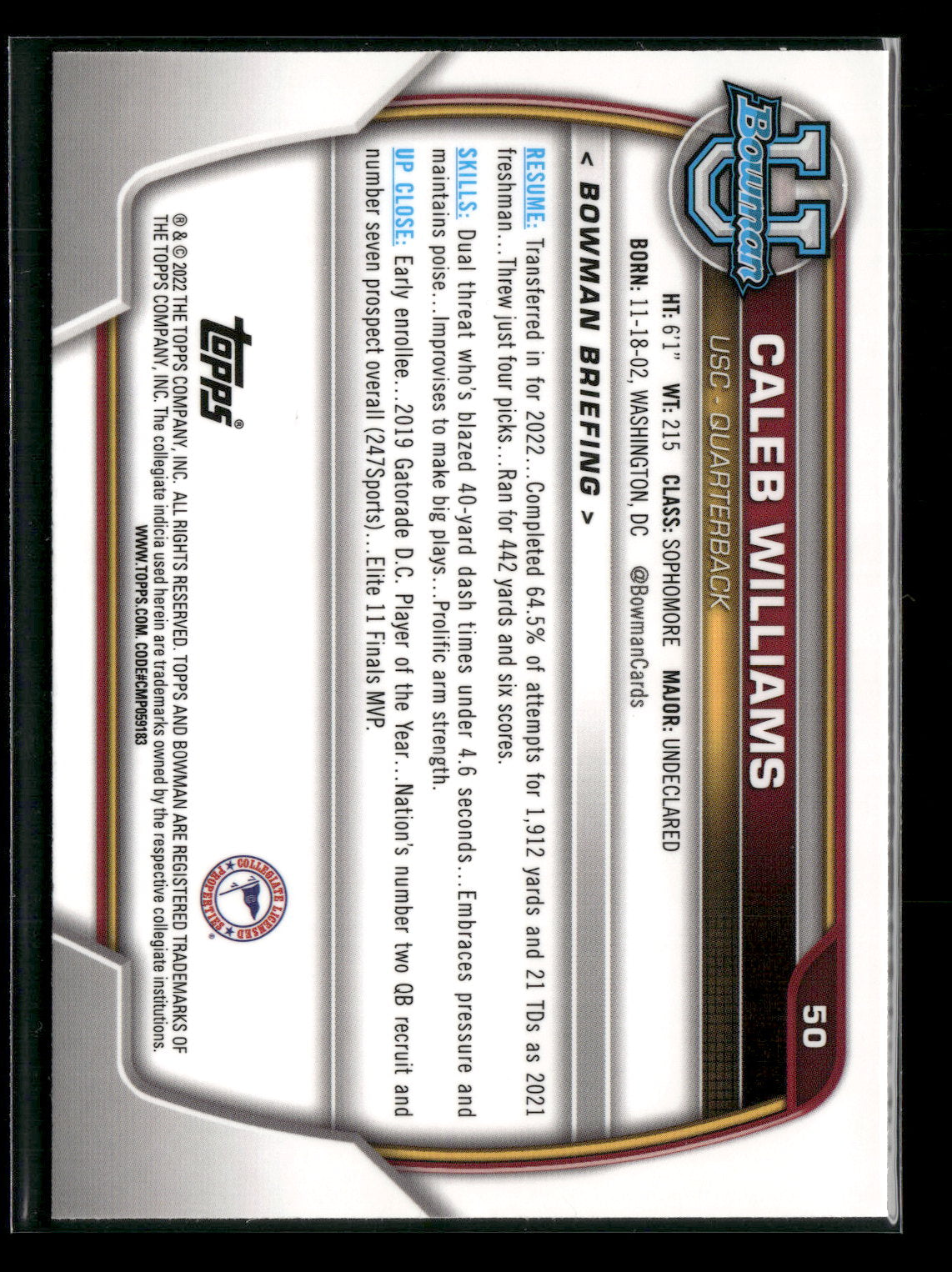2022 Bowman Chrome University Football Caleb Williams #50 Pink Refractor 1st Bowman