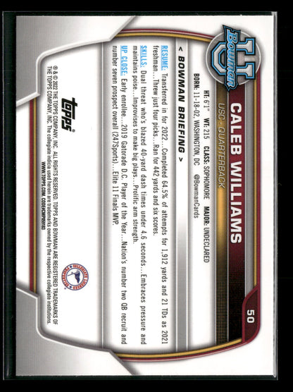 2022 Bowman Chrome University Football Caleb Williams #50 Pink Refractor 1st Bowman