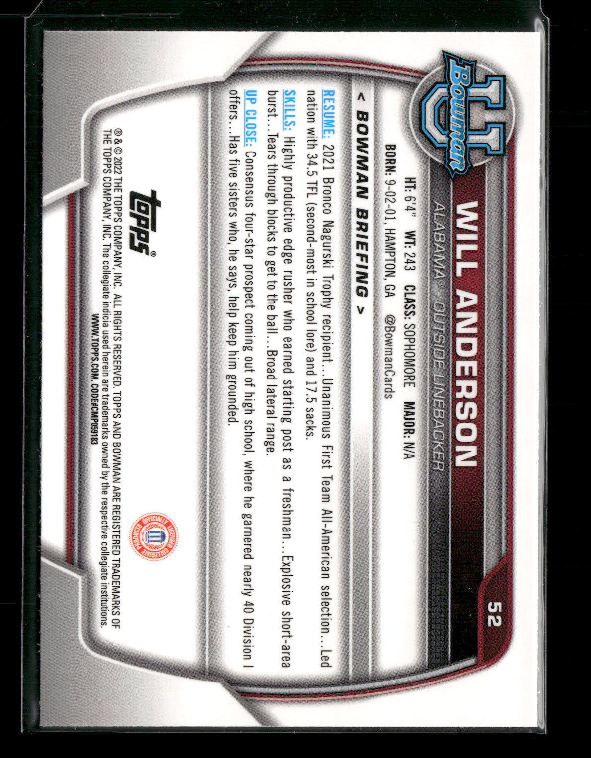 2022 Bowman Chrome University Football Will Anderson #52 Pink Refractor 1st Bowman