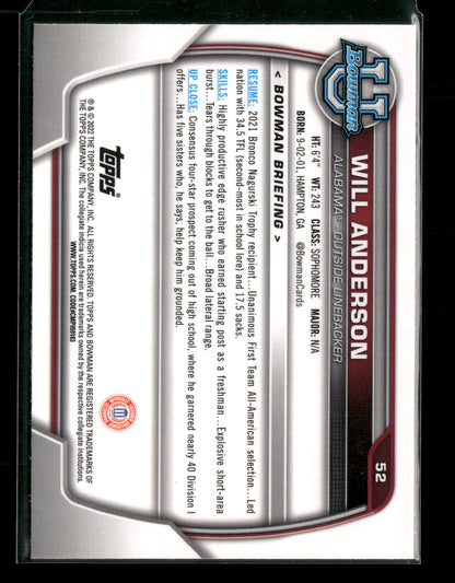 2022 Bowman Chrome University Football Will Anderson #52 Pink Refractor 1st Bowman