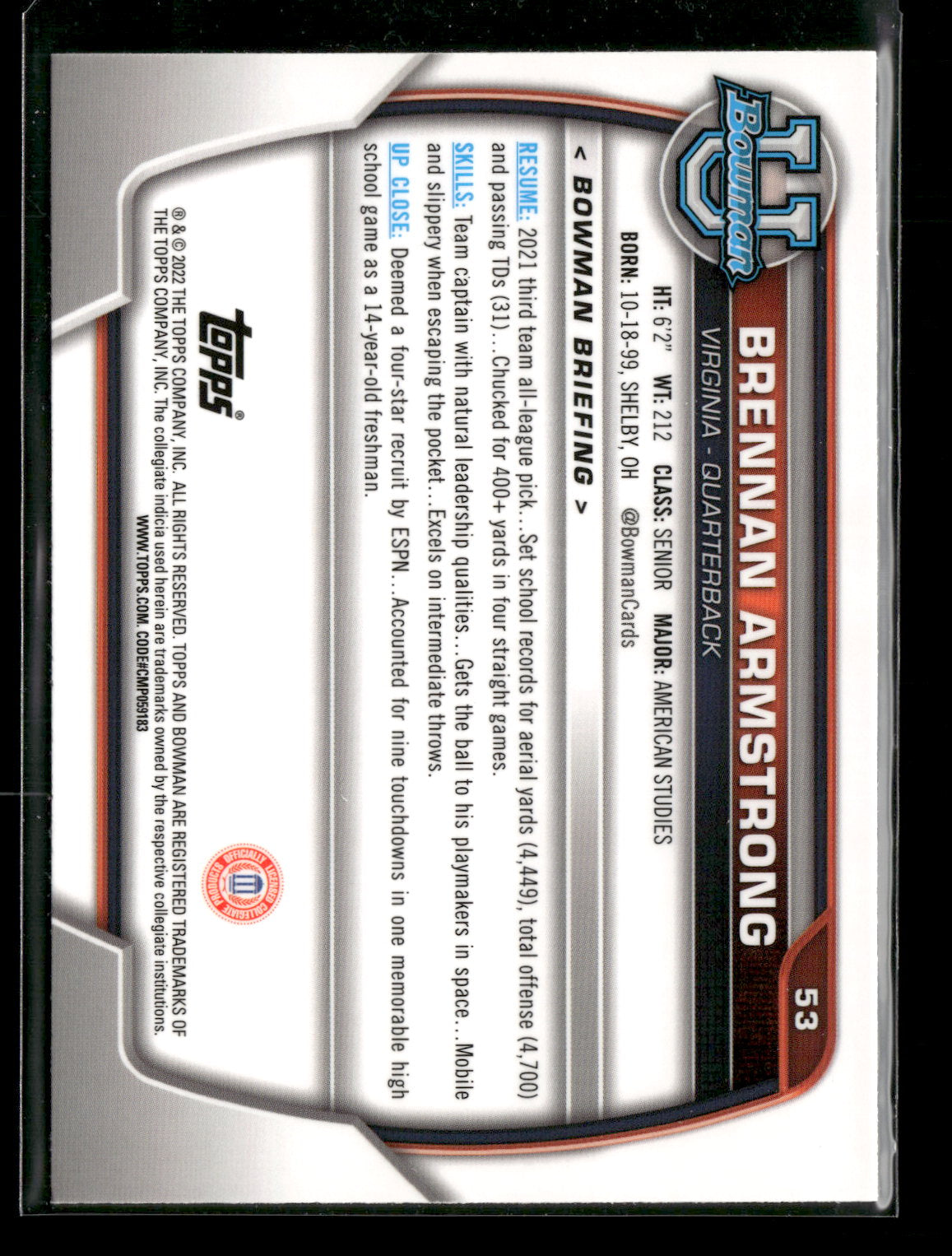 2022 Bowman Chrome University Football Brennan Armstrong #53 Pink Refractor 1st Bowman
