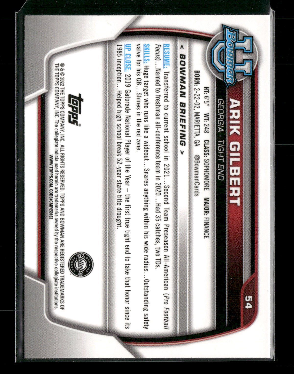 2022 Bowman Chrome University Football Arik Gilbert #54 Pink Refractor 1st Bowman