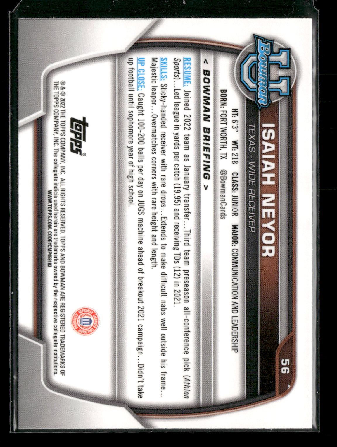 2022 Bowman Chrome University Football Isaiah Neyor #56 Pink Refractor 1st Bowman