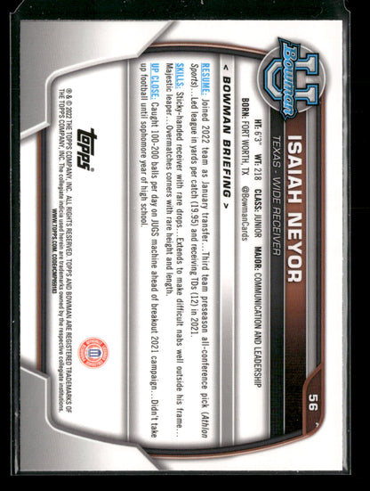 2022 Bowman Chrome University Football Isaiah Neyor #56 Pink Refractor 1st Bowman