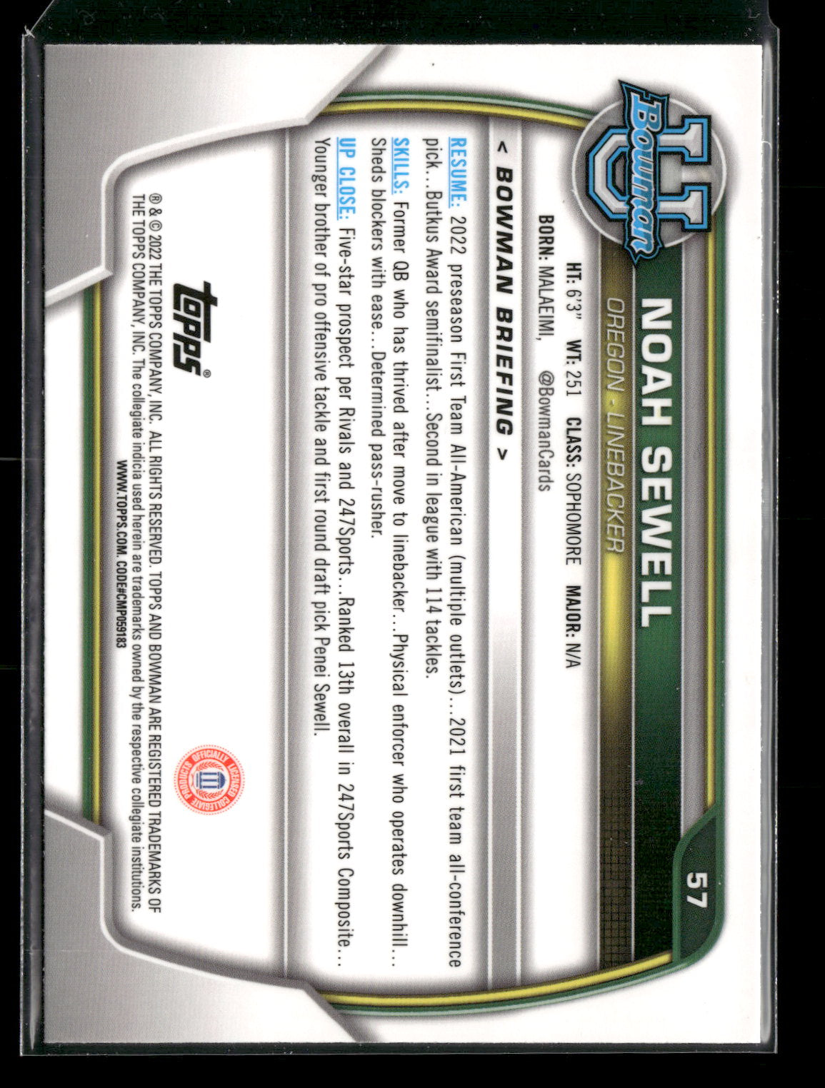 2022 Bowman Chrome University Football Noah Sewell #57 Pink Refractor 1st Bowman