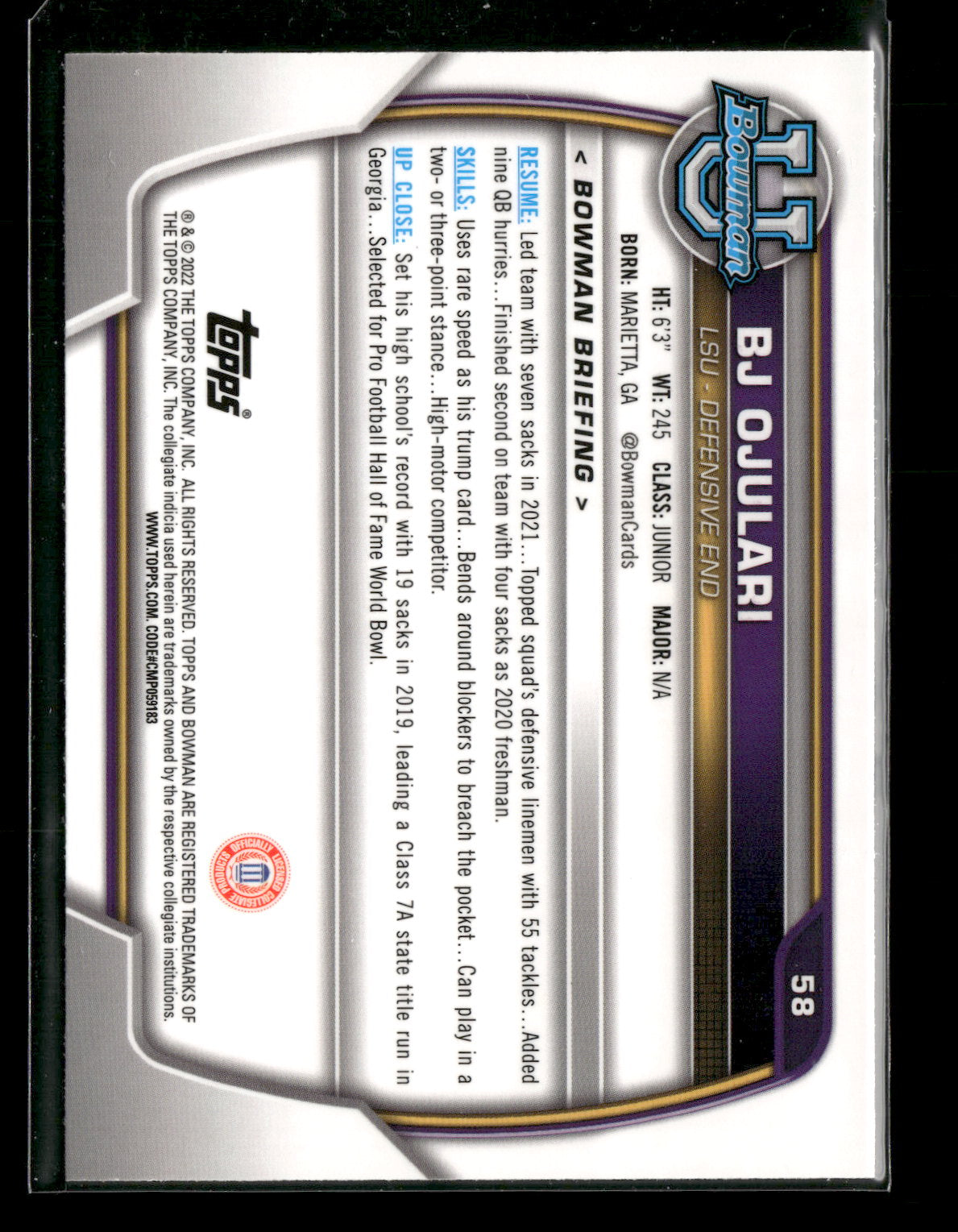 2022 Bowman Chrome University Football BJ Ojulari #58 Pink Refractor 1st Bowman