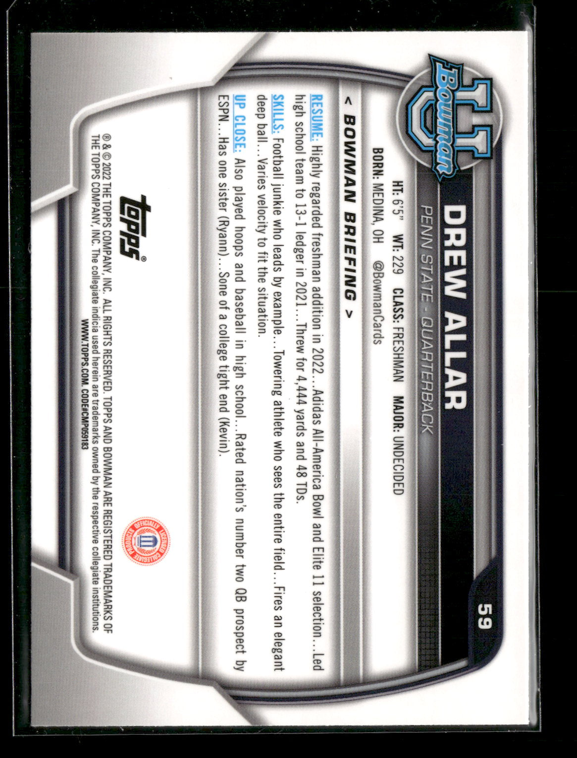 2022 Bowman Chrome University Football Drew Allar #59 Pink Refractor 1st Bowman