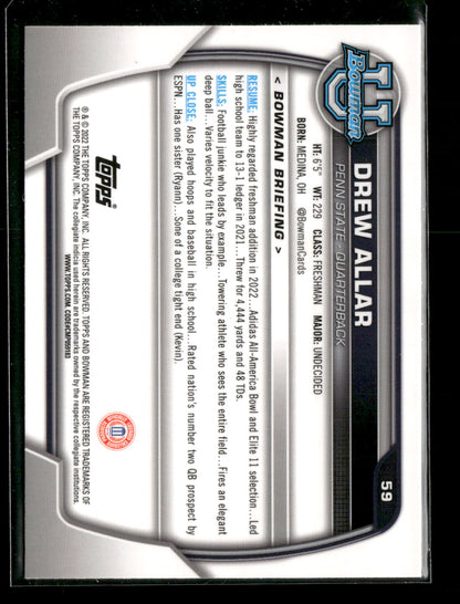 2022 Bowman Chrome University Football Drew Allar #59 Pink Refractor 1st Bowman