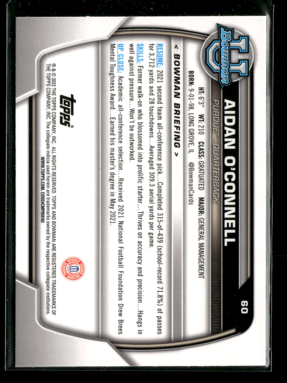 2022 Bowman Chrome University Football Aidan O'Connell #60 Pink Refractor 1st Bowman