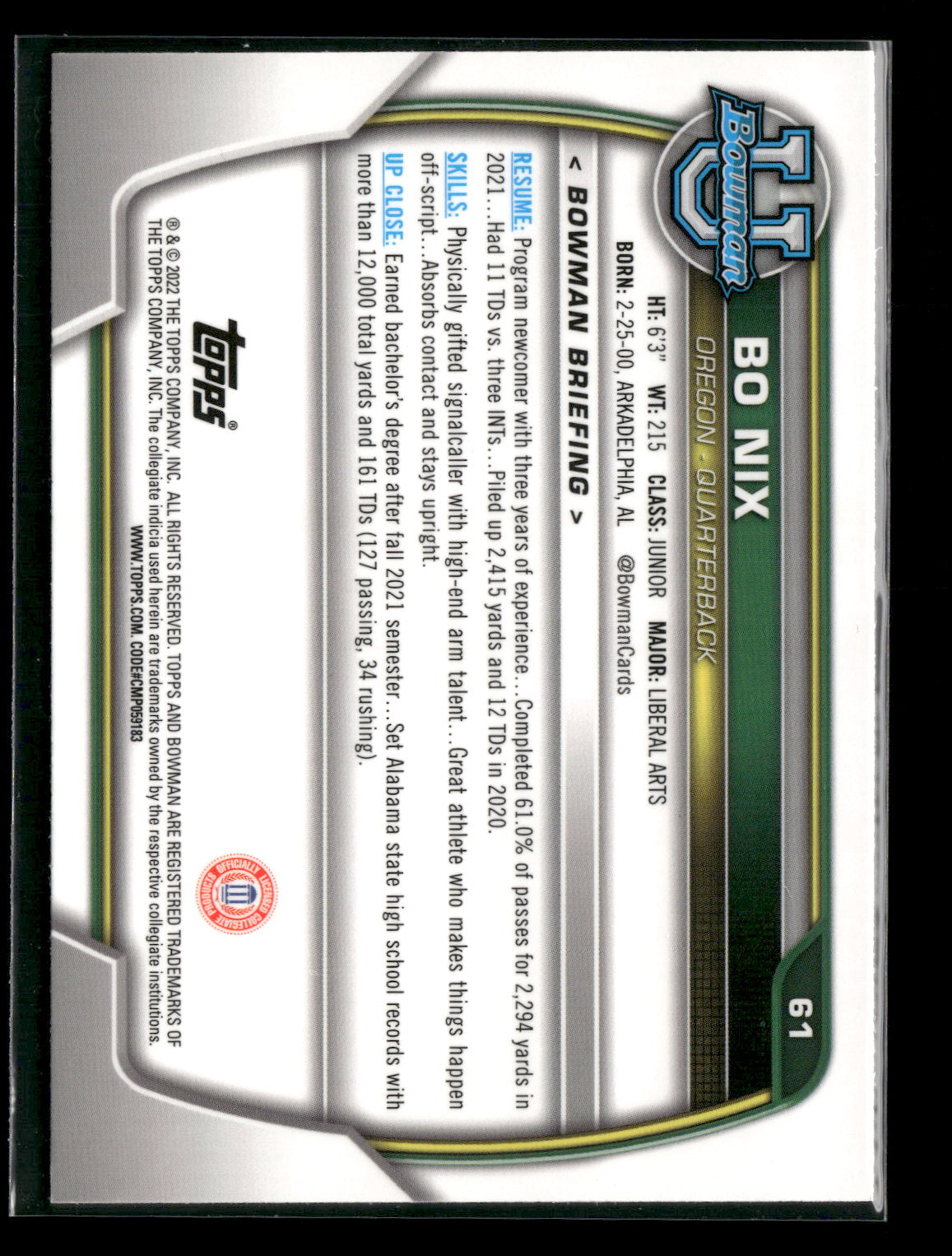 2022 Bowman Chrome University Football Bo Nix #61 Pink Refractor