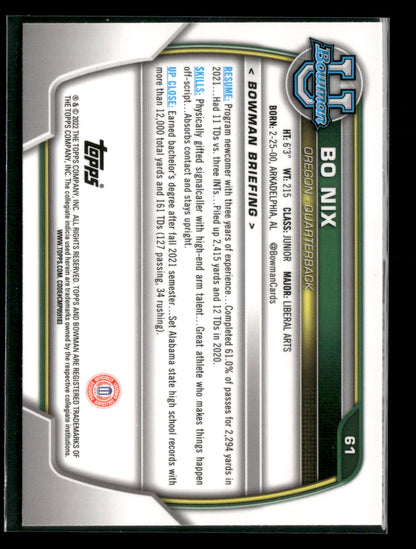 2022 Bowman Chrome University Football Bo Nix #61 Pink Refractor
