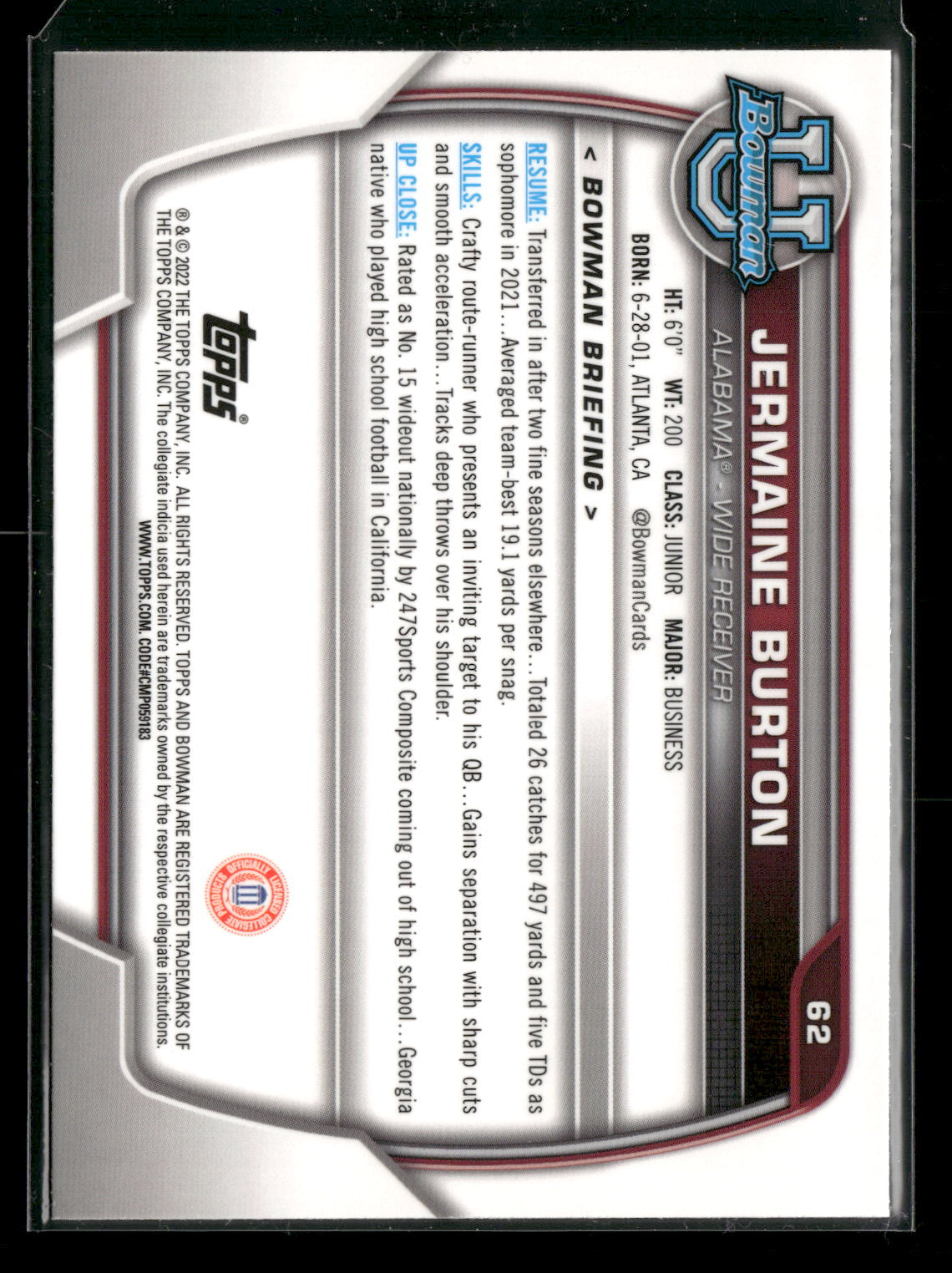 2022 Bowman Chrome University Football Jermaine Burton #62 Pink Refractor 1st Bowman