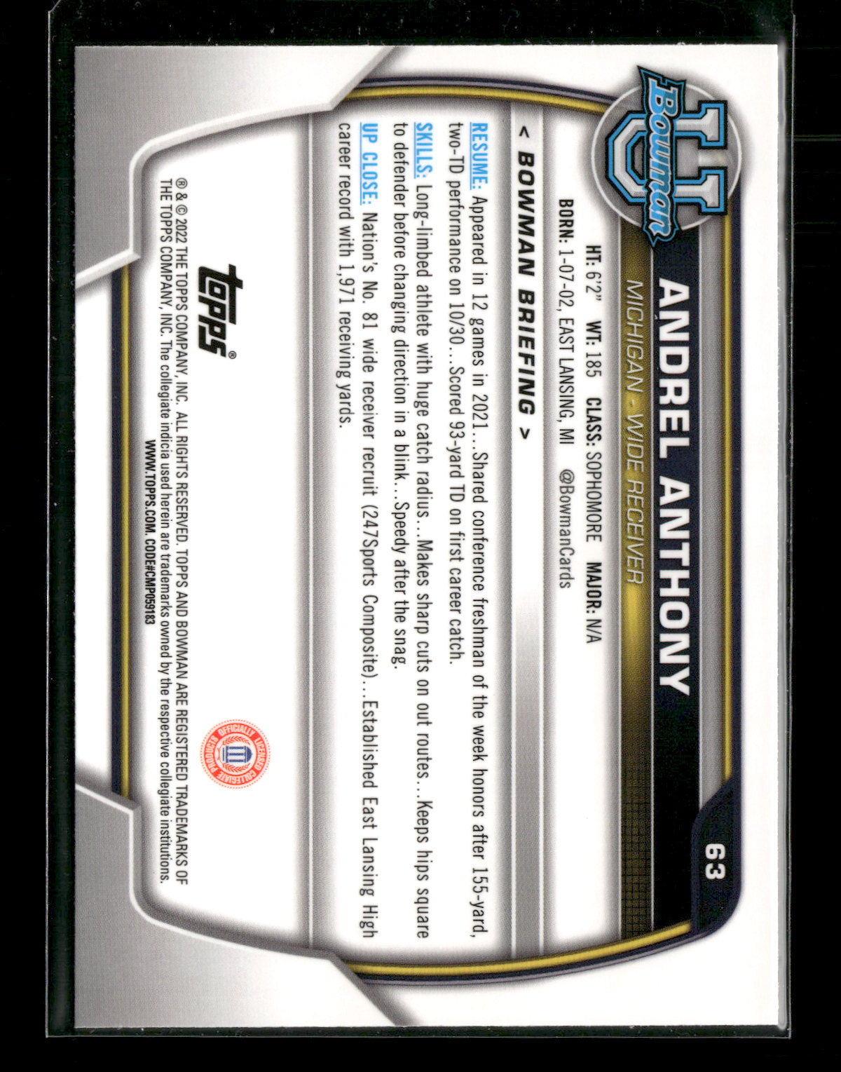 2022 Bowman Chrome University Football Andrel Anthony #63 Pink Refractor 1st Bowman