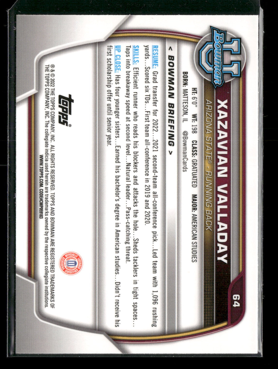2022 Bowman Chrome University Football Xazavian Valladay #64 Pink Refractor 1st Bowman
