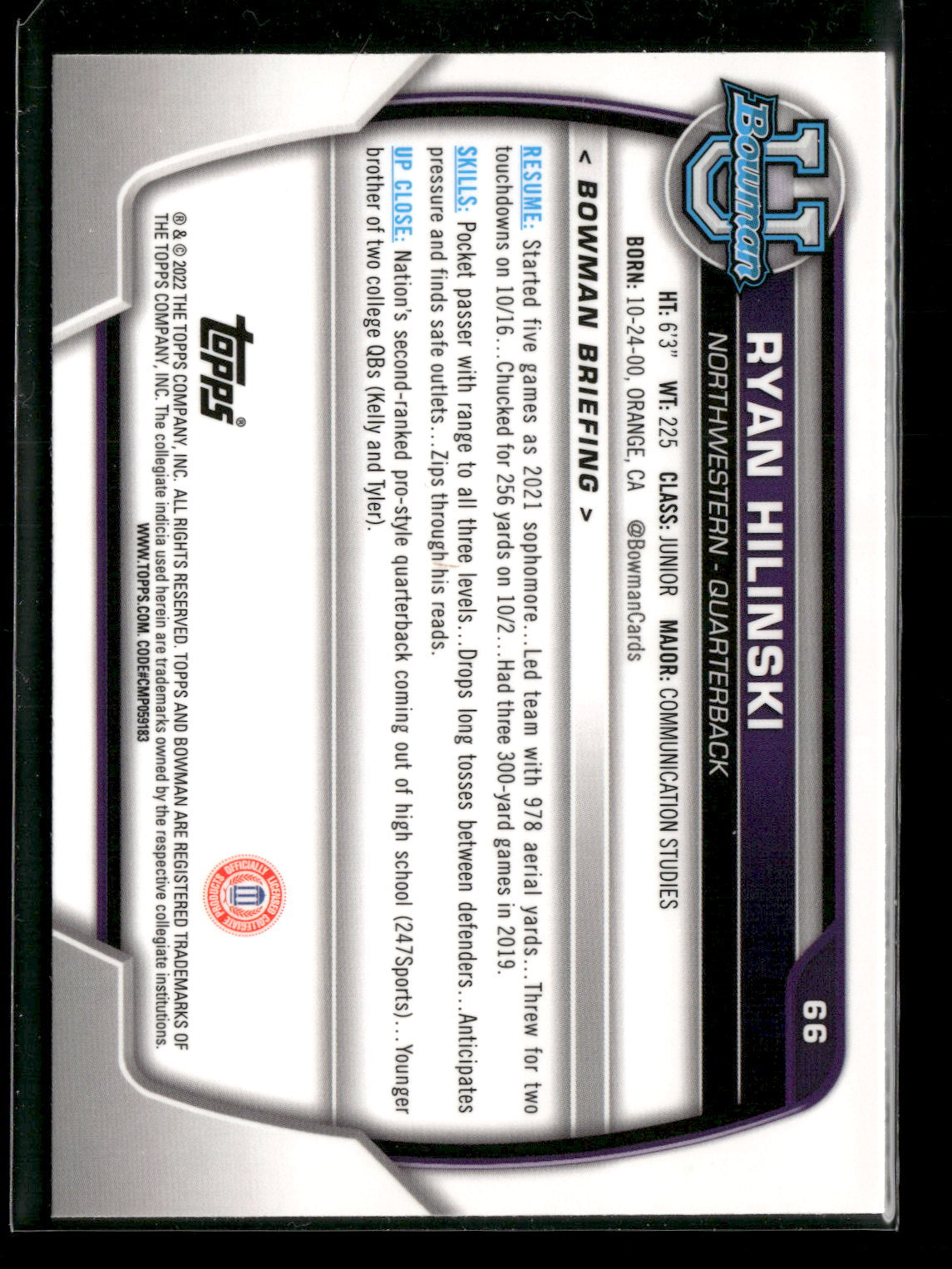 2022 Bowman Chrome University Football Ryan Hilinski #66 Pink Refractor 1st Bowman