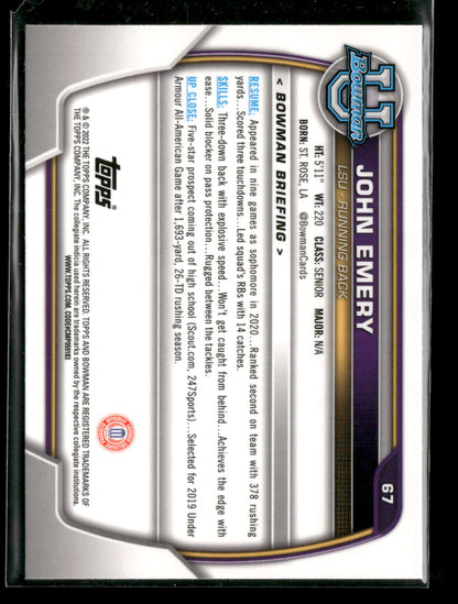 2022 Bowman Chrome University Football John Emery #67 Pink Refractor 1st Bowman
