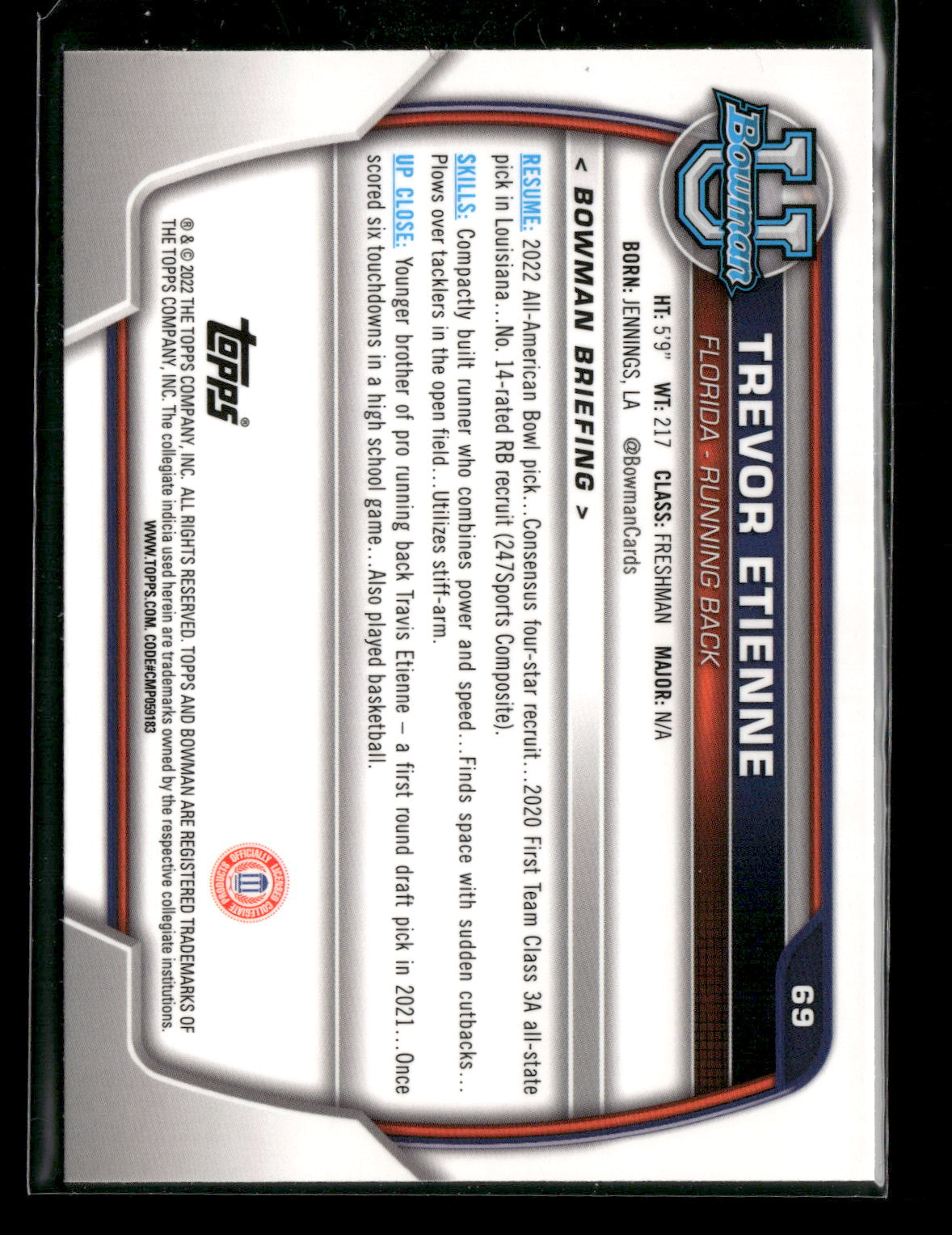 2022 Bowman Chrome University Football Trevor Etienne #69 Pink Refractor 1st Bowman