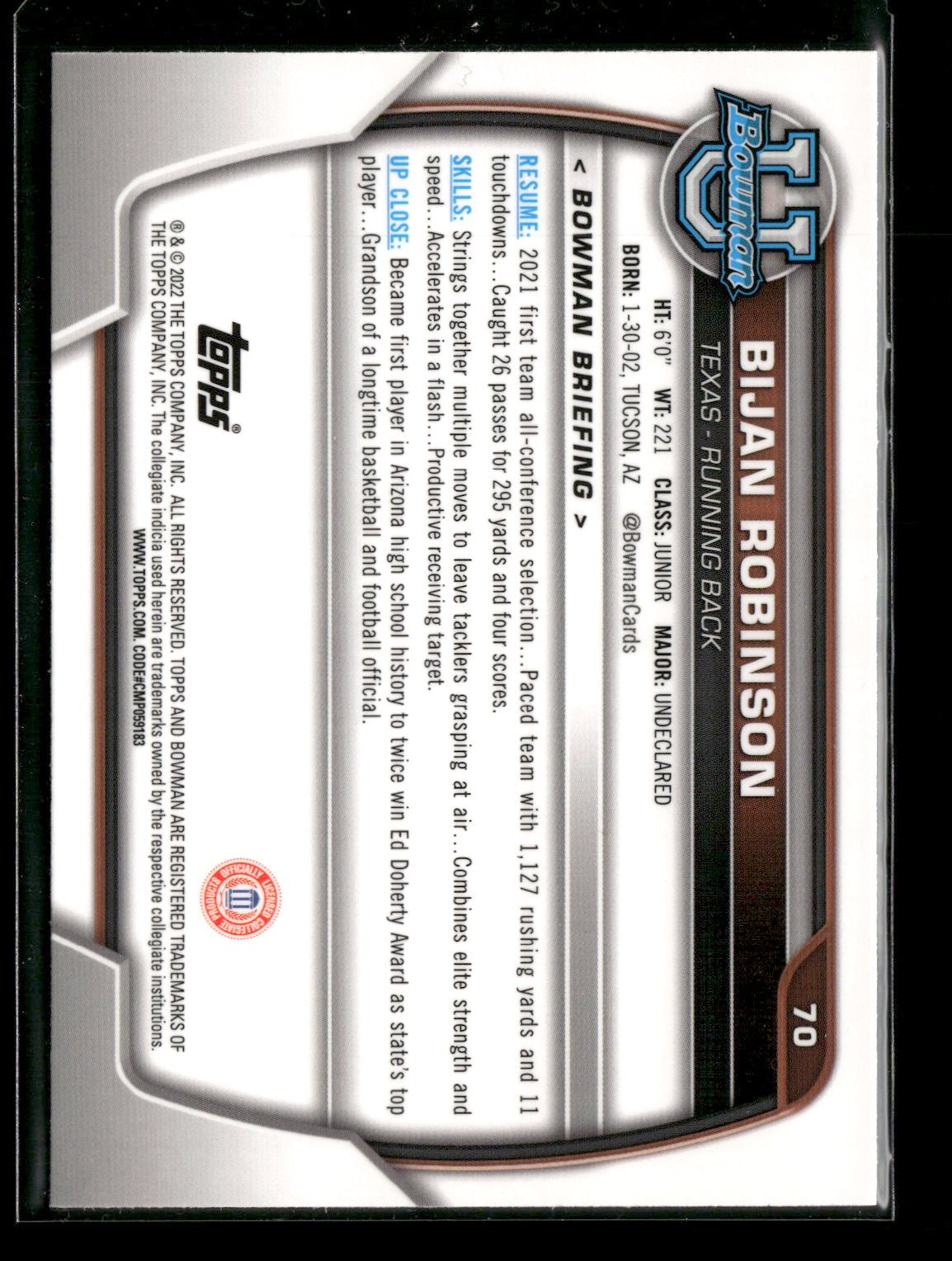 2022 Bowman Chrome University Football Bijan Robinson #70 Pink Refractor