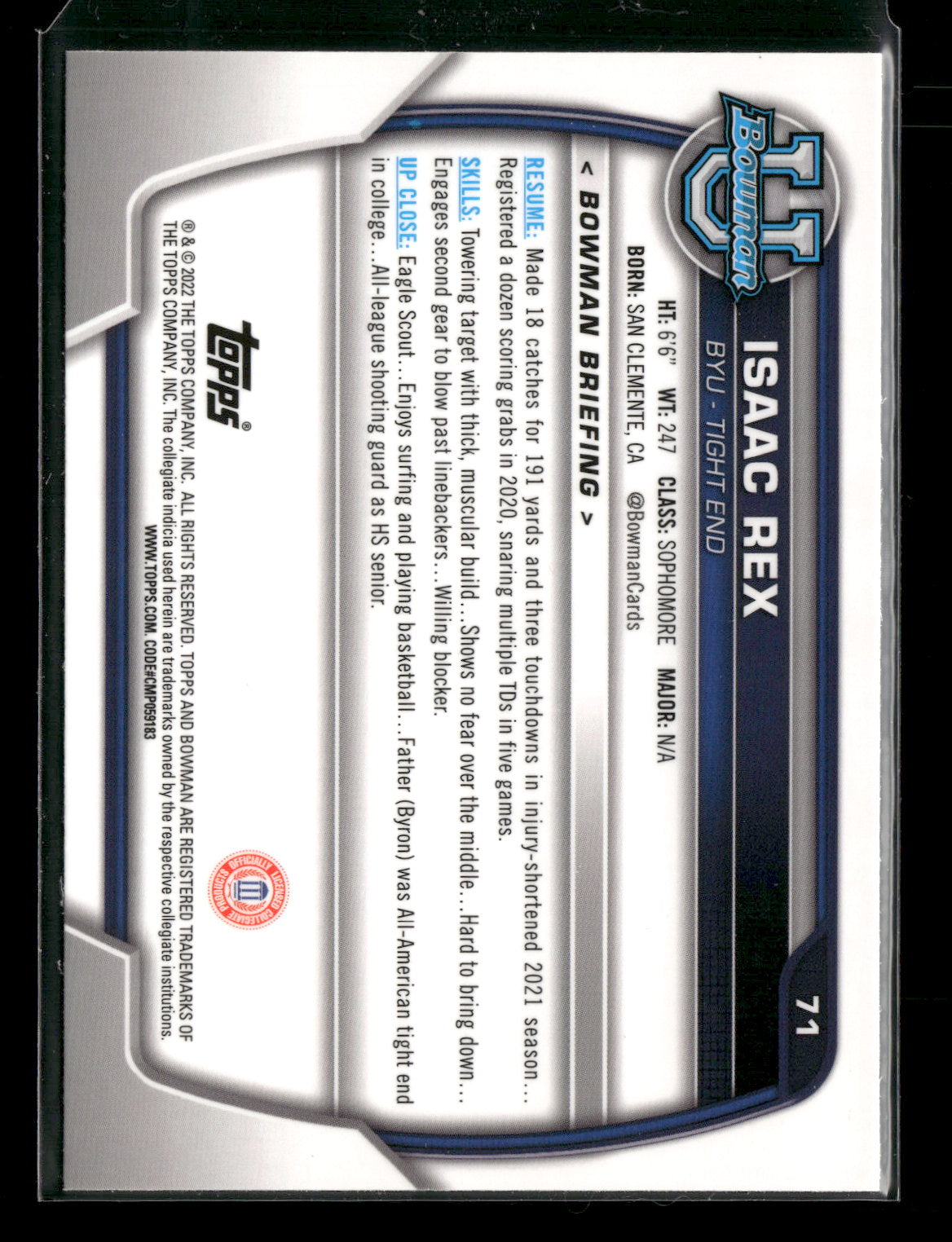 2022 Bowman Chrome University Football Isaac Rex #71 Pink Refractor 1st Bowman