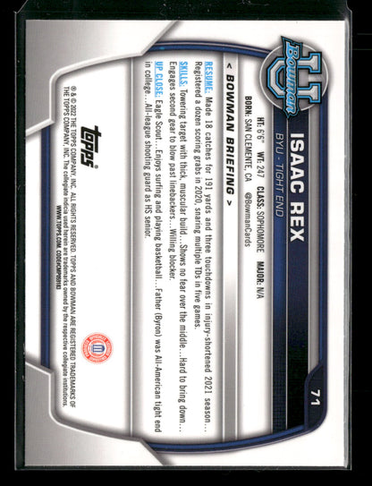 2022 Bowman Chrome University Football Isaac Rex #71 Pink Refractor 1st Bowman