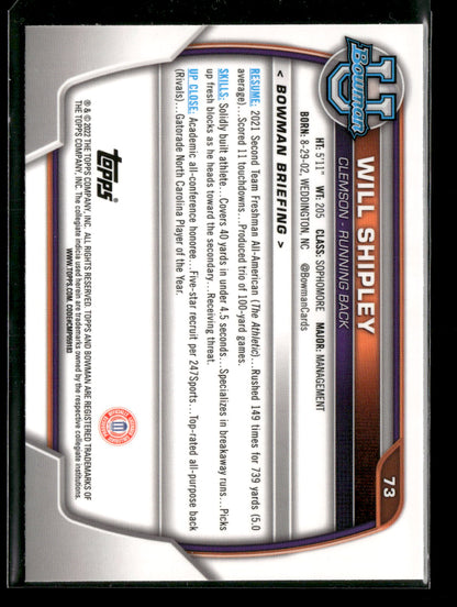 2022 Bowman Chrome University Football Will Shipley #73 Pink Refractor 1st Bowman