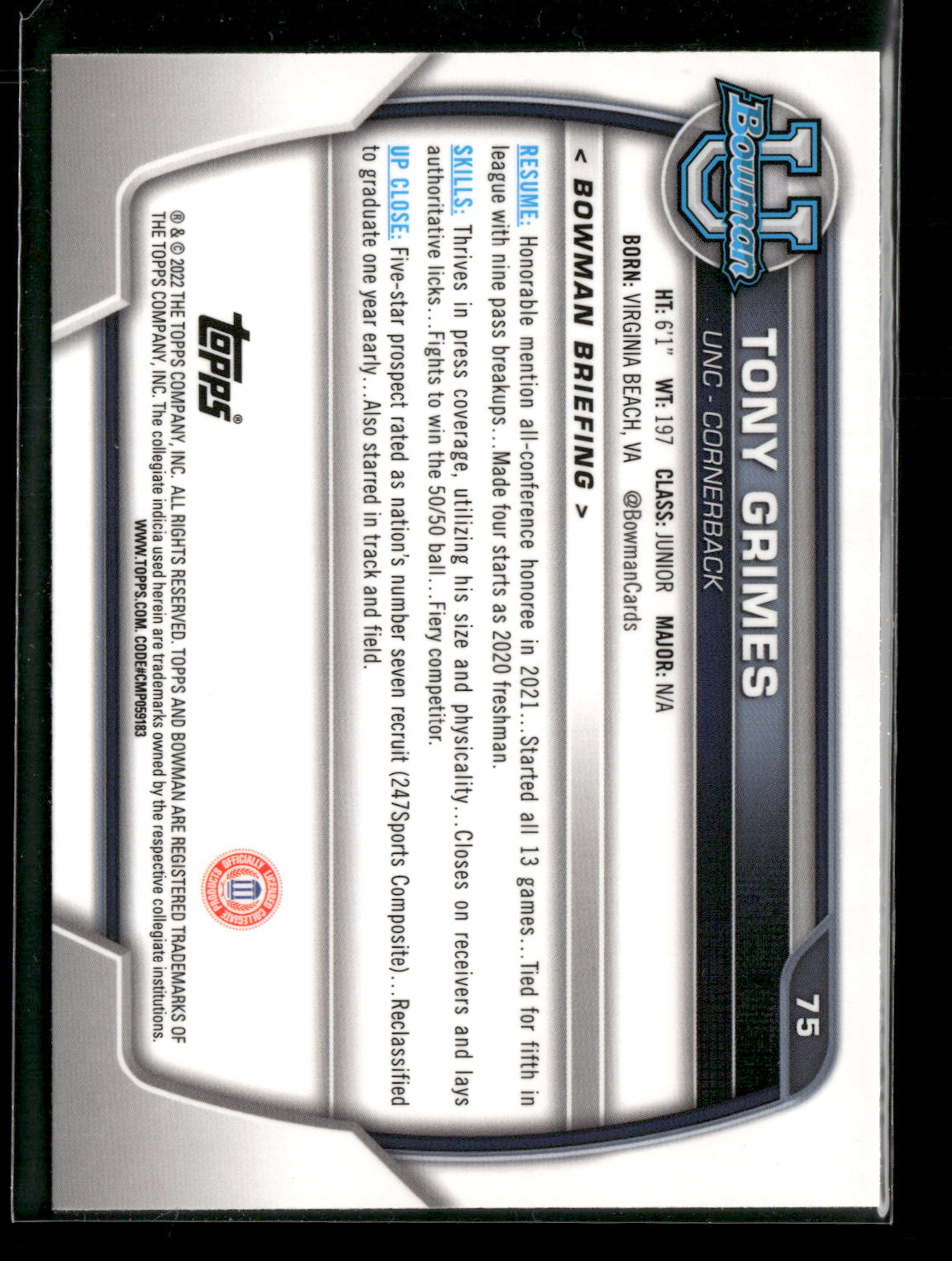 2022 Bowman Chrome University Football Tony Grimes #75 Pink Refractor 1st Bowman