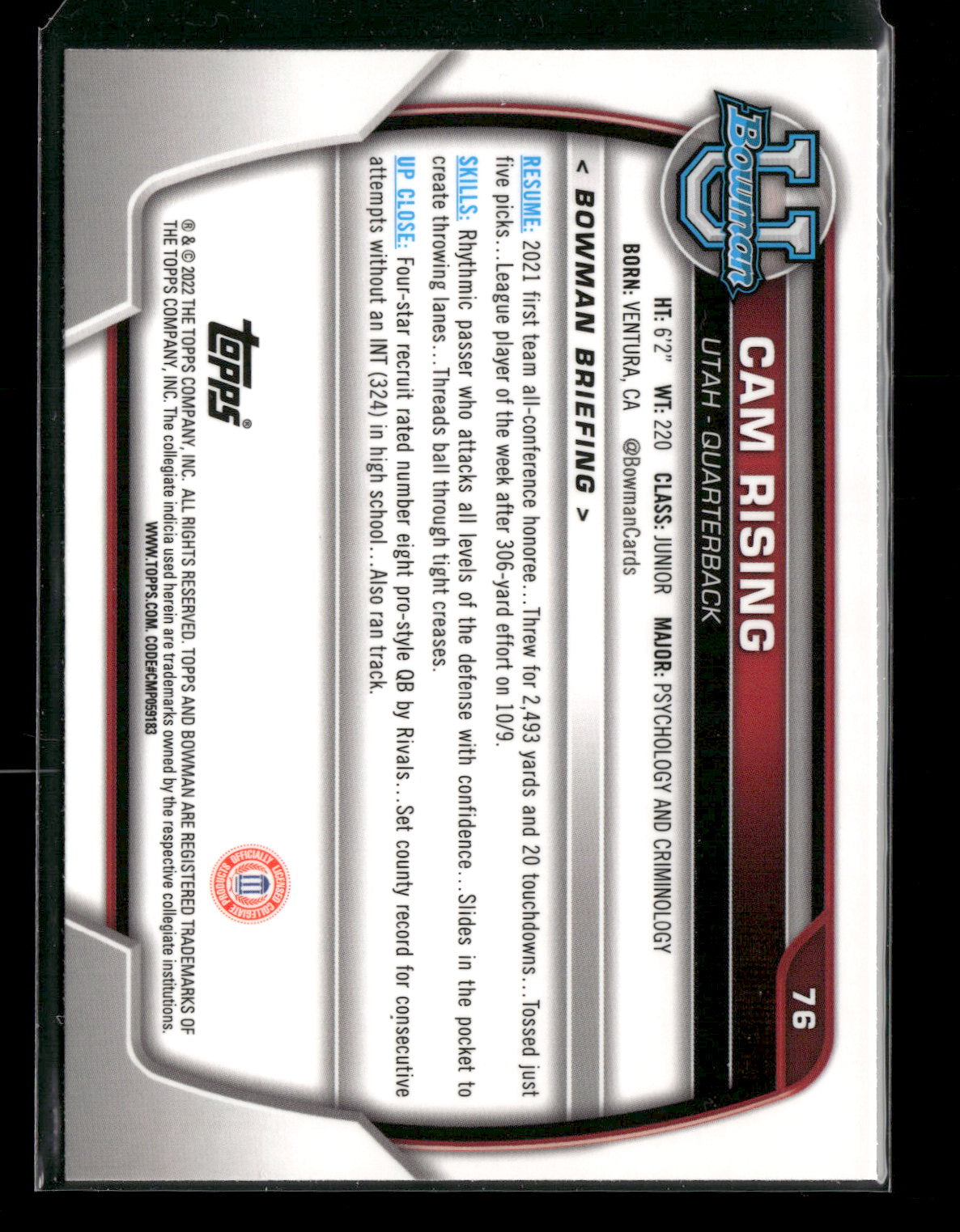 2022 Bowman Chrome University Football Cam Rising #76 Pink Refractor 1st Bowman