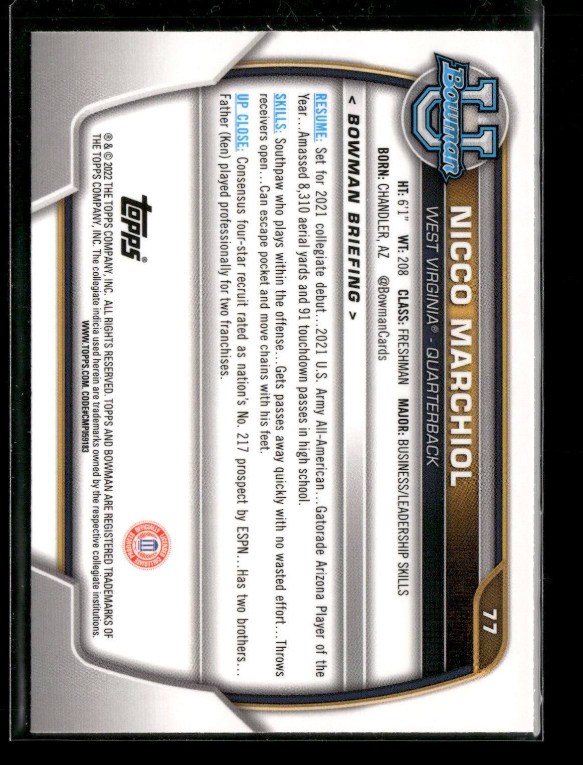 2022 Bowman Chrome University Football Nicco Marchiol #77 Pink Refractor 1st Bowman