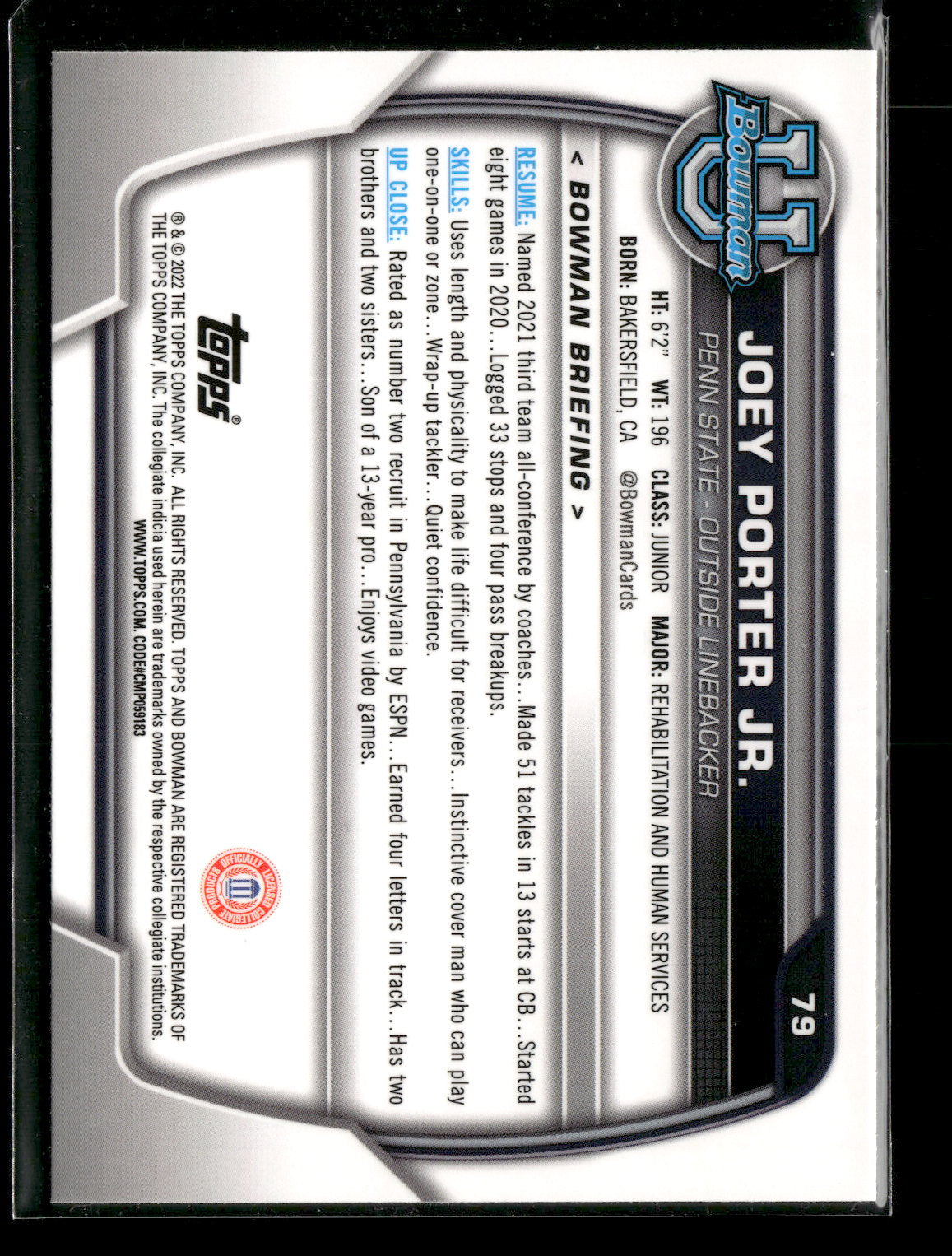 2022 Bowman Chrome University Football Joey Porter Jr. #79 Pink Refractor 1st Bowman