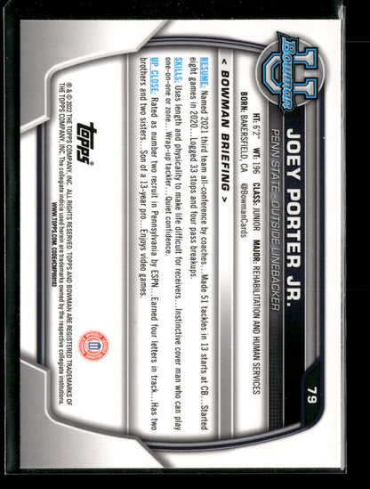 2022 Bowman Chrome University Football Joey Porter Jr. #79 Pink Refractor 1st Bowman