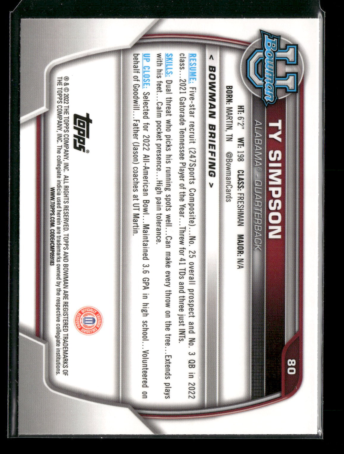 2022 Bowman Chrome University Football Ty Simpson #80 Pink Refractor 1st Bowman