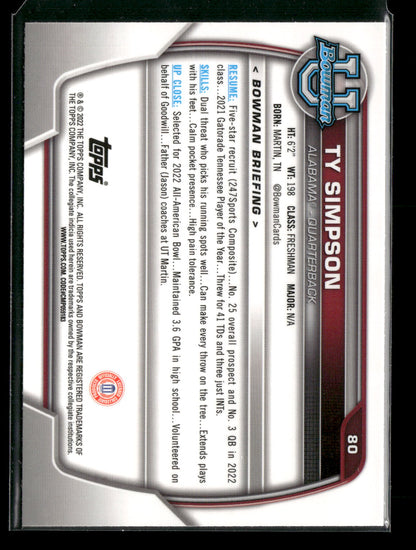2022 Bowman Chrome University Football Ty Simpson #80 Pink Refractor 1st Bowman