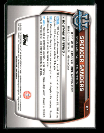 2022 Bowman Chrome University Football Spencer Sanders #81 Pink Refractor 1st Bowman