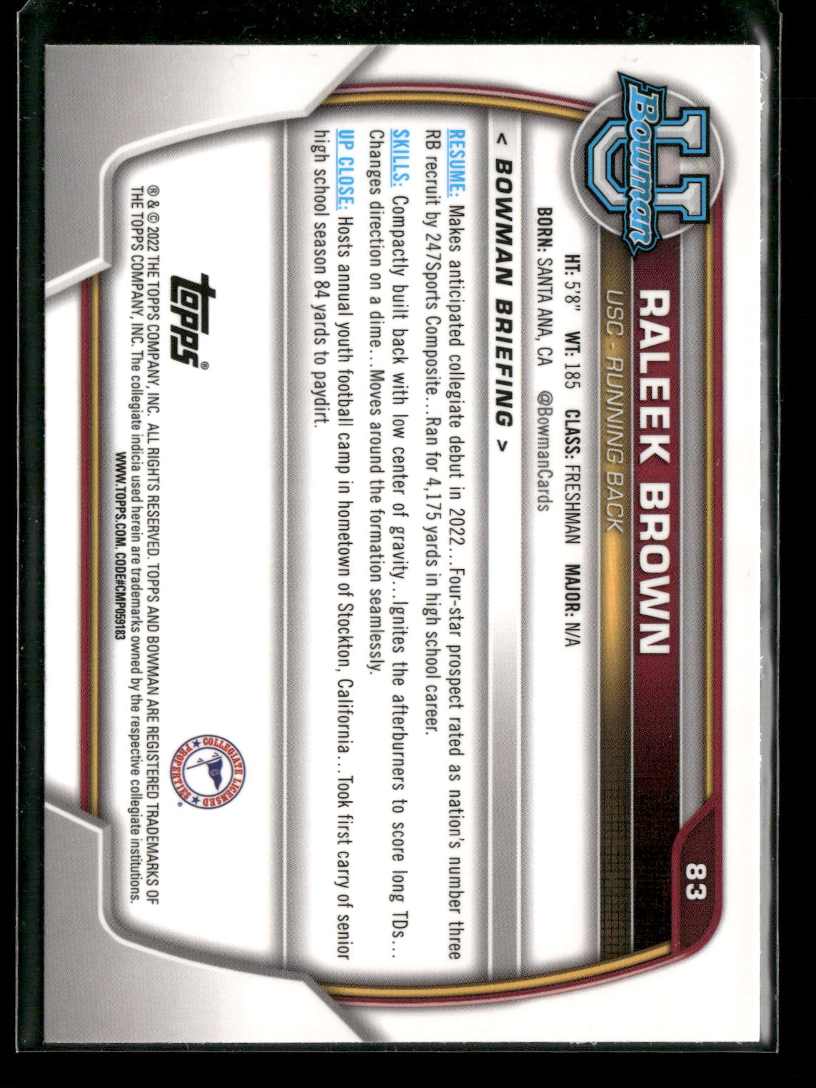 2022 Bowman Chrome University Football Raleek Brown #83 Pink Refractor 1st Bowman