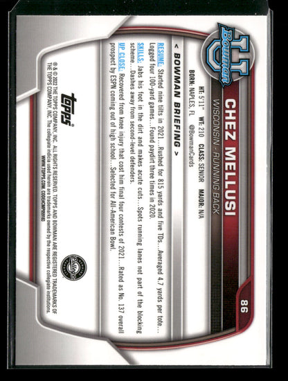 2022 Bowman Chrome University Football Chez Mellusi #86 Pink Refractor 1st Bowman