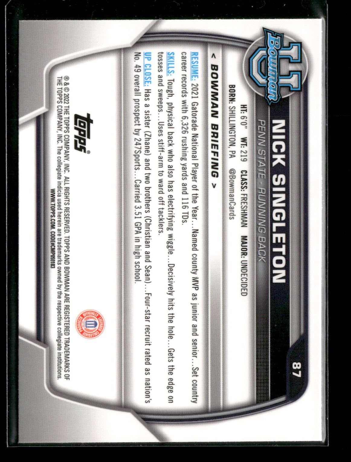 2022 Bowman Chrome University Football Nick Singleton #87 Pink Refractor 1st Bowman