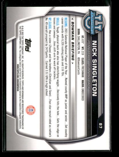 2022 Bowman Chrome University Football Nick Singleton #87 Pink Refractor 1st Bowman