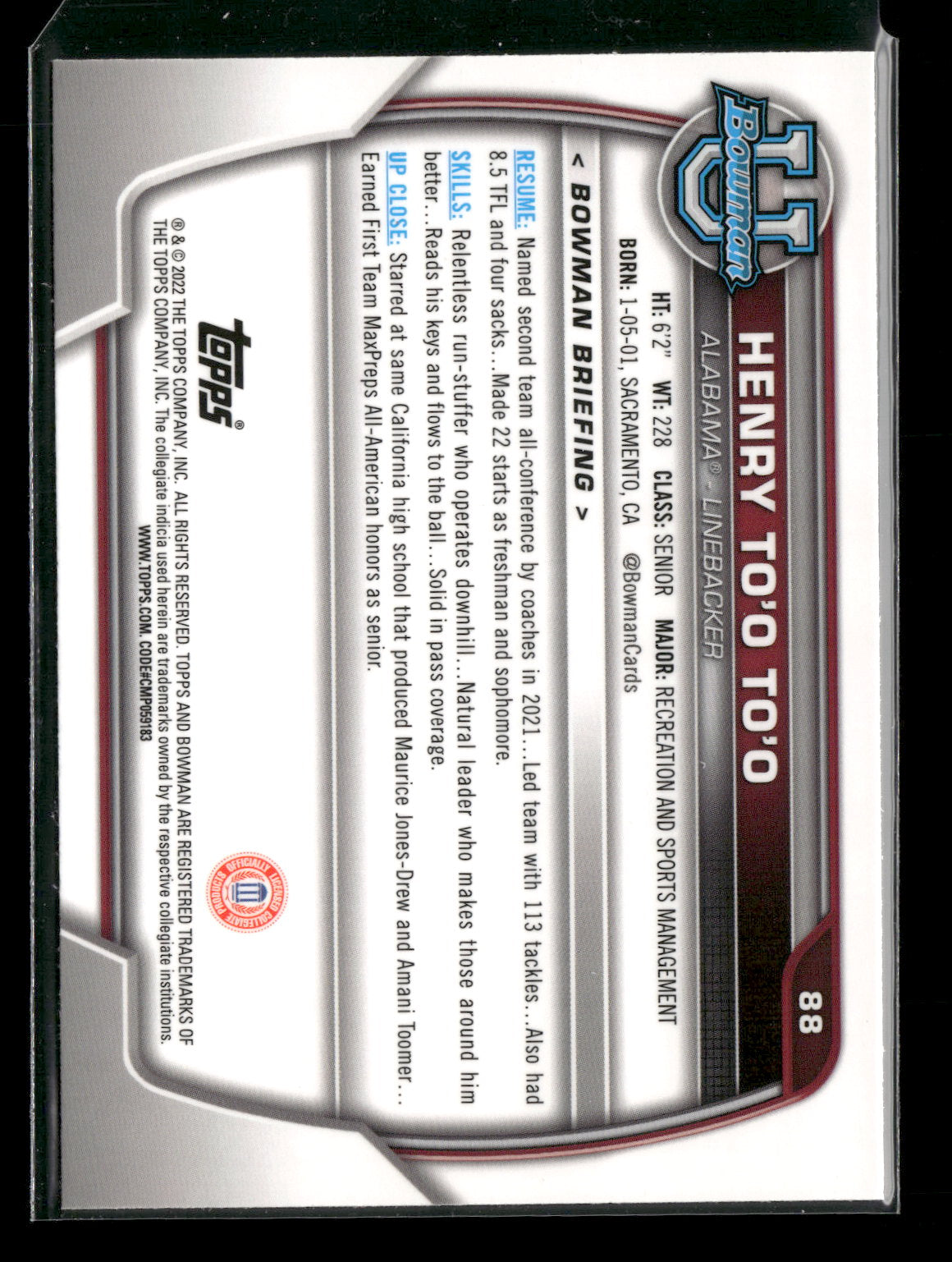 2022 Bowman Chrome University Football Henry To'o To'o #88 Pink Refractor 1st Bowman