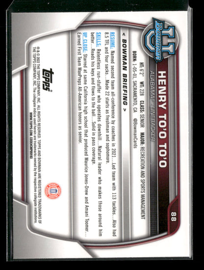 2022 Bowman Chrome University Football Henry To'o To'o #88 Pink Refractor 1st Bowman