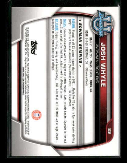 2022 Bowman Chrome University Football Josh Whyle #89 Pink Refractor 1st Bowman