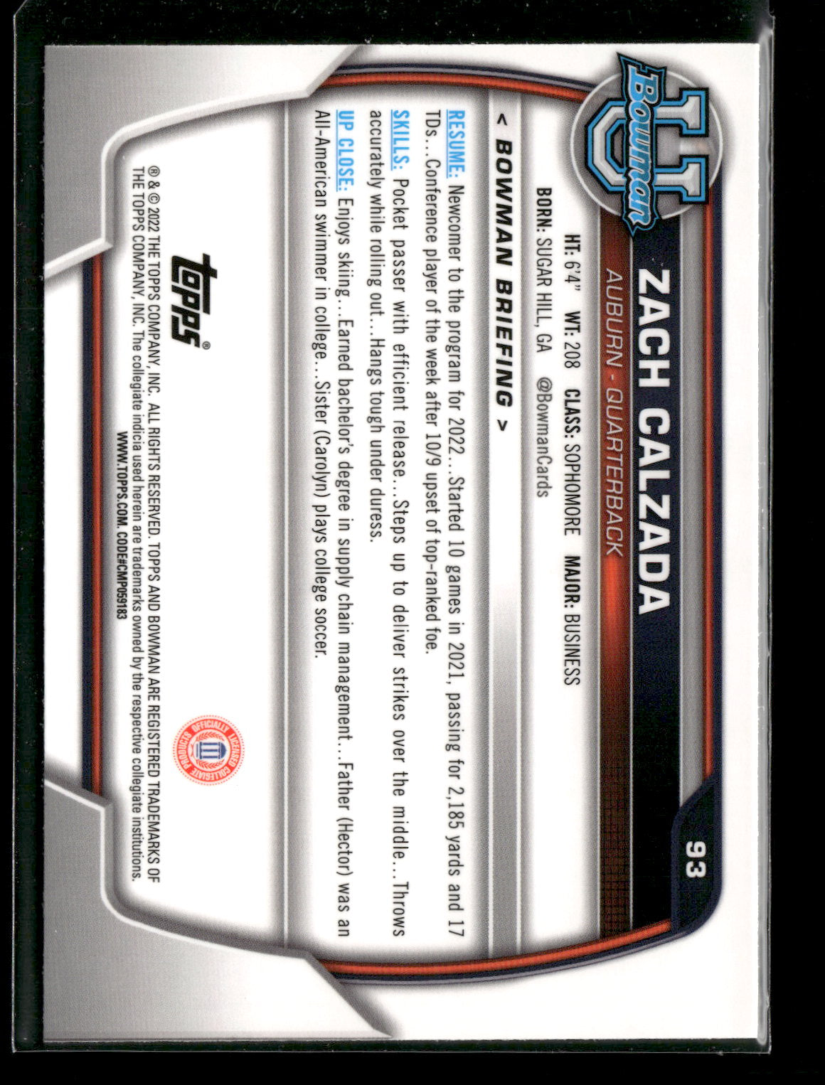 2022 Bowman Chrome University Football Zach Calzada #93 Pink Refractor 1st Bowman