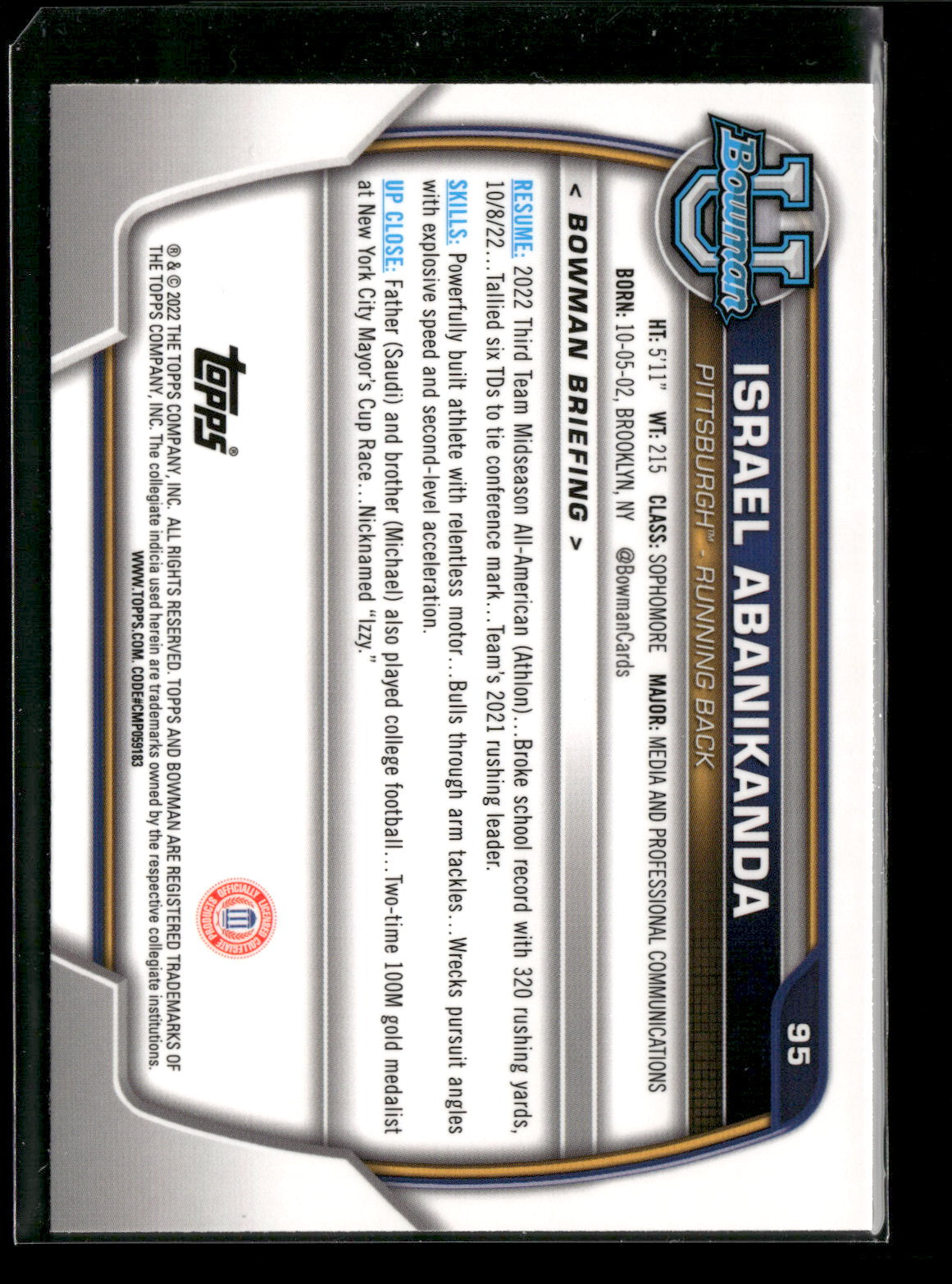 2022 Bowman Chrome University Football Israel Abanikanda #95 Pink Refractor 1st Bowman